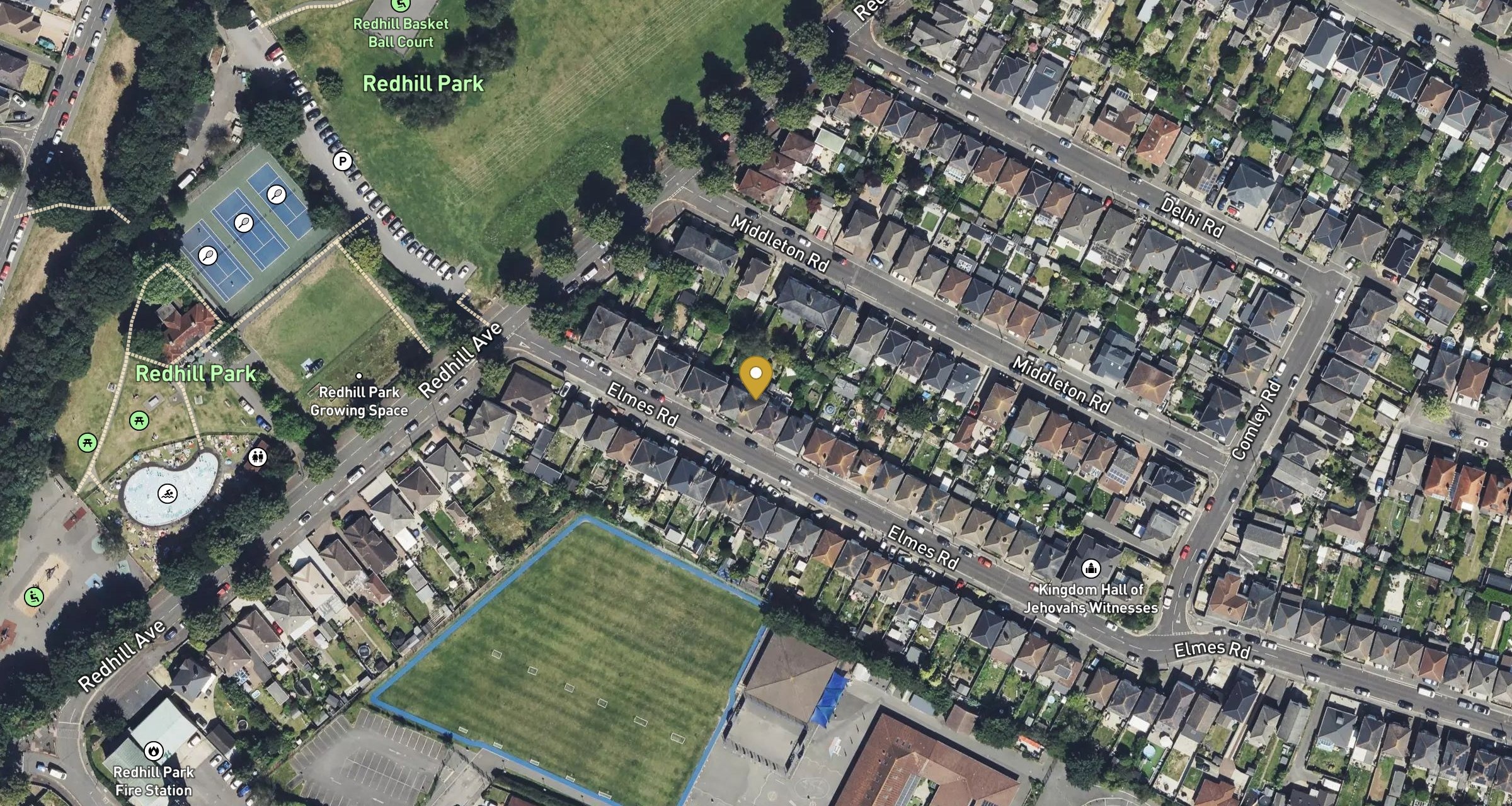 Aerial map marking 85 Elmes Road beside Redhill Park, Bournemouth